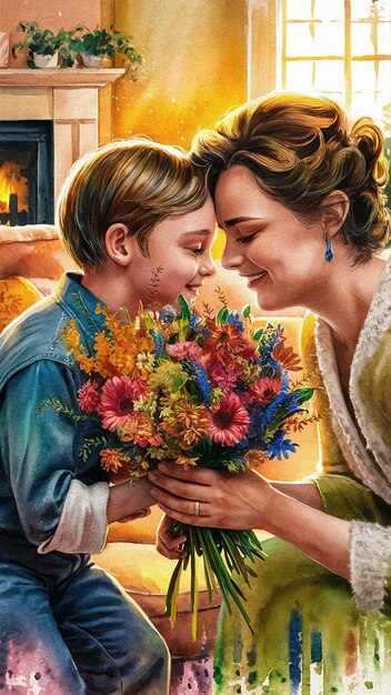 Photo watercolor drawing of a boy giving a bouquet of flowers to his mother