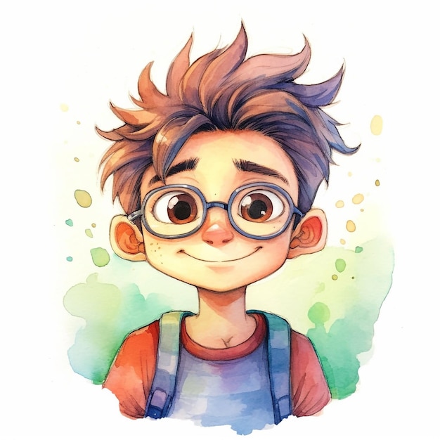 A watercolor drawing of a boy with glasses and a blue shirt that says'the word pisces'on it