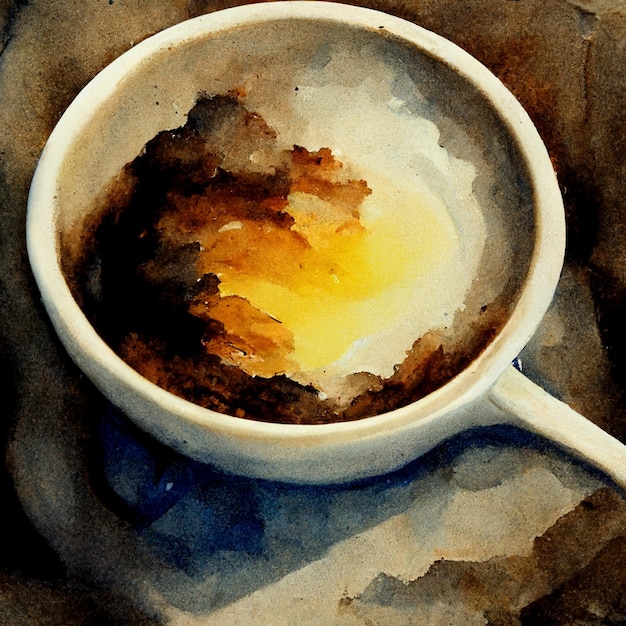 Watercolor drawing ceramic cup of hot coffee with milk or cappuccino