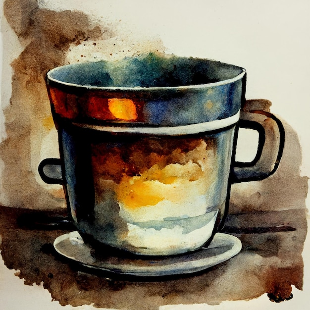 Watercolor drawing ceramic cup of hot coffee with milk or cappuccino