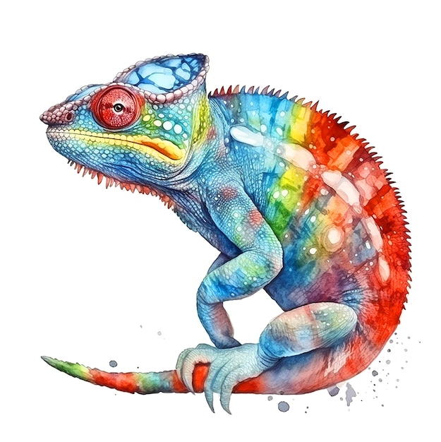 A watercolor drawing of a chameleon with rainbow colors.