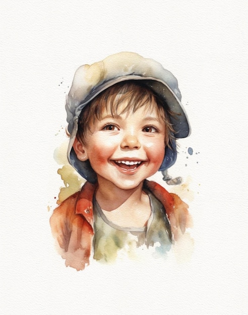 watercolor drawing of a child boy portrait of a smiling happy boy in a pirate costume