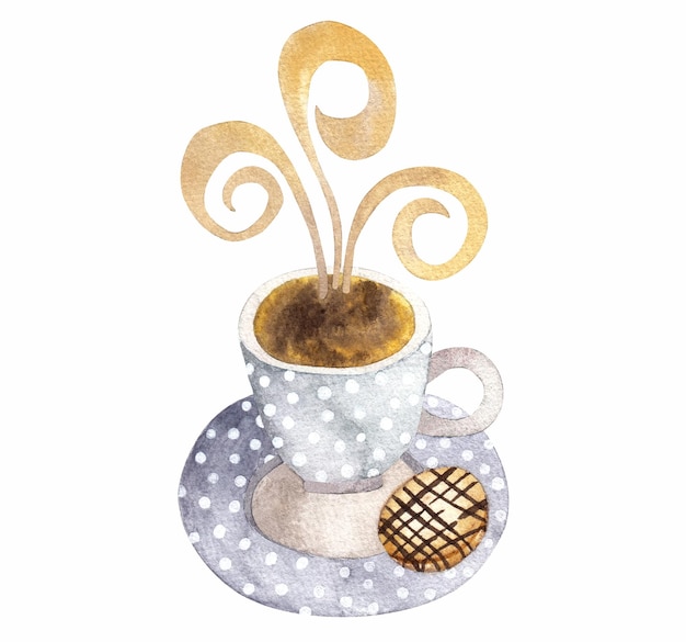 Watercolor drawing on the coffee theme A cup of coffee and cookies