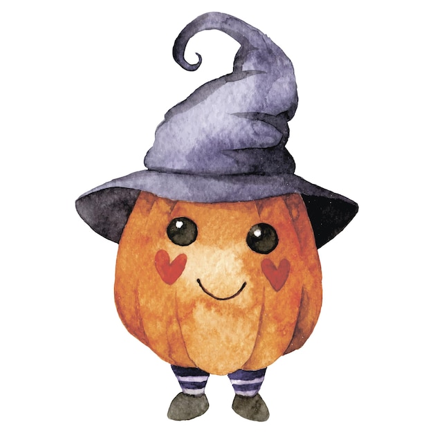 Watercolor drawing cute character Halloween pumpkin in a magic hat kawaii