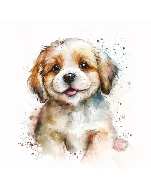 Watercolor drawing of a cute dog with a pink tongue