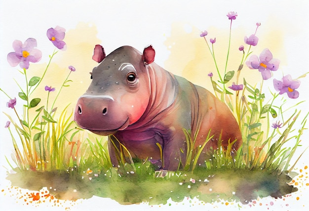 Watercolor drawing of a cute hippo watercolor illustration Generative AI