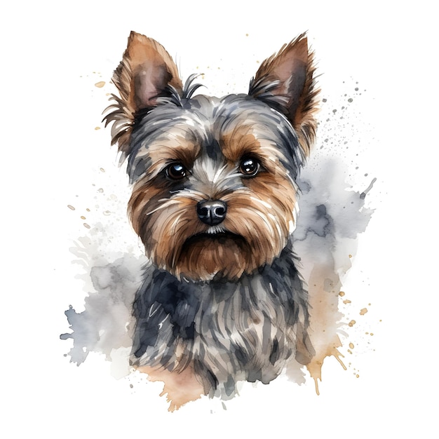 Watercolor drawing of a dog with a black nose and brown eyes.