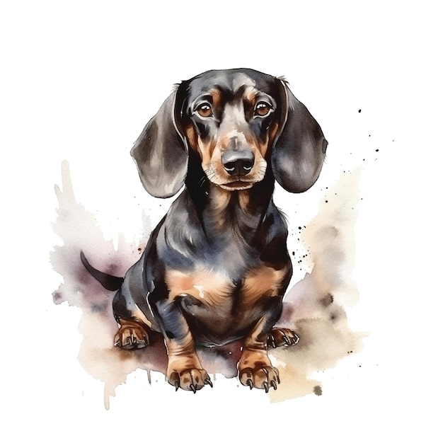 A watercolor drawing of a dog with brown and black fur.