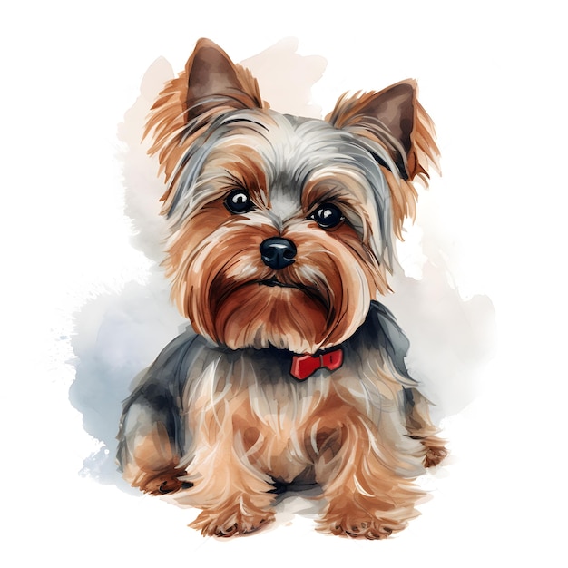 A watercolor drawing of a dog with a red collar.