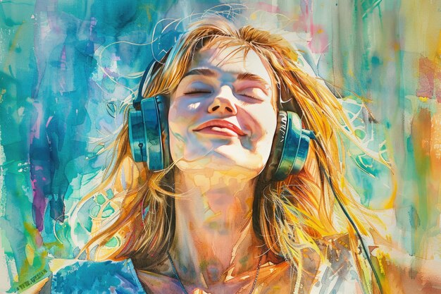 Watercolor drawing of a dreaming happy woman wearing headphones