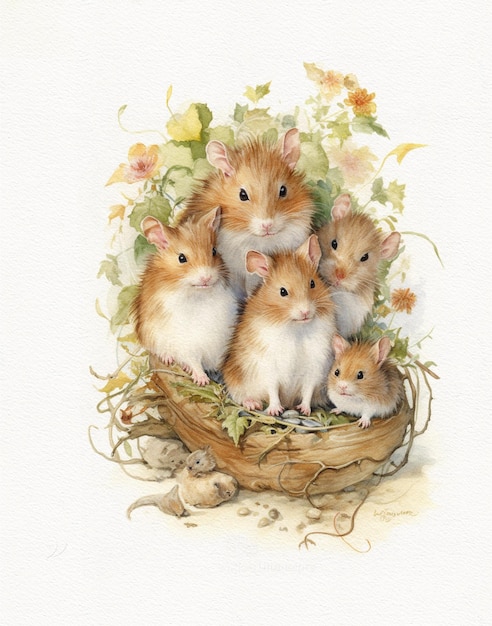 Watercolor drawing family of hamsters cartoon rodent hamster