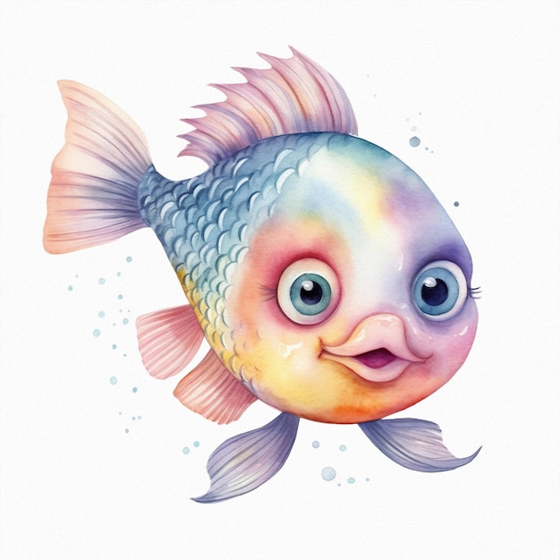 A watercolor drawing of a fish with blue eyes