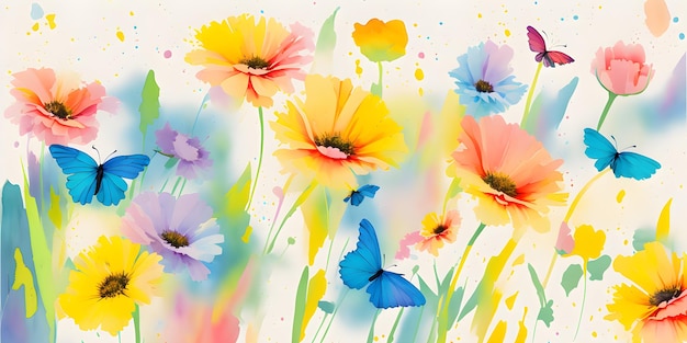 Watercolor drawing of flowers and butterflies bright background ai generated