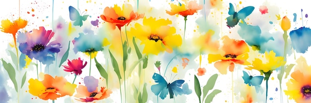 Watercolor drawing of flowers and butterflies bright background ai generated