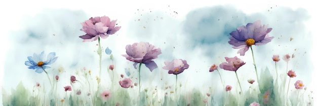 Watercolor drawing of flowers wild blooming meadow ai generation