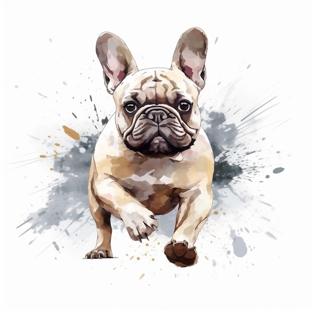 Watercolor drawing of a french bulldog running with spray paint splatters.