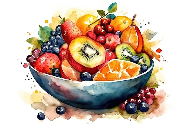 Watercolor Drawing Fruit Salad On White Background Generative AI