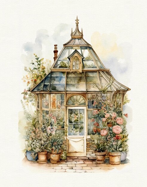 Watercolor drawing of a greenhouse in vintage style village house