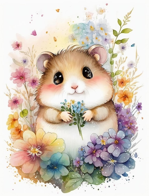 A watercolor drawing of a hamster with flowers and the word hamster on it.