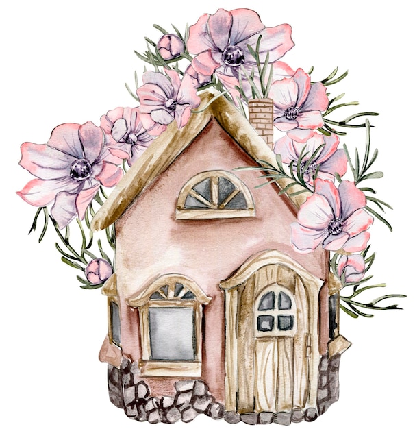 A watercolor drawing of a house with flowers on the top.