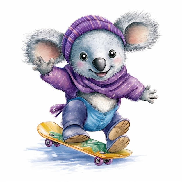 A watercolor drawing of a koala skateboarding.