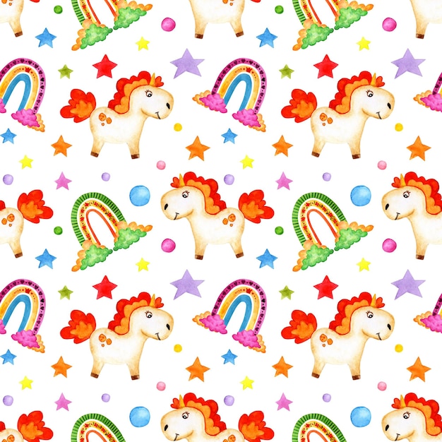 Watercolor drawing of a little pony with a red mane clouds a rainbow and stars Seamless