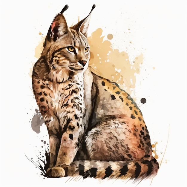 Watercolor drawing of a lynx with a splash of paint.