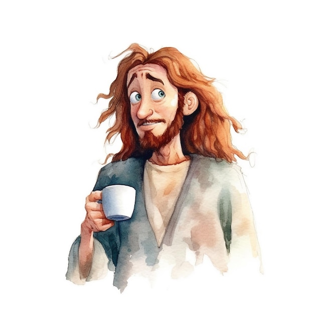 A watercolor drawing of a man with long hair and a sweater that says " i love coffee ".