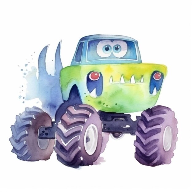 A watercolor drawing of a monster truck