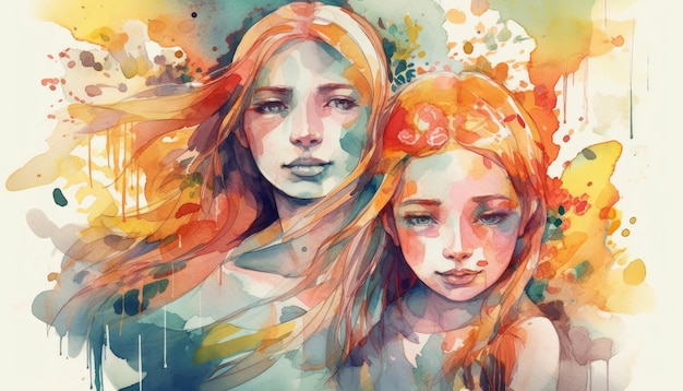 A watercolor drawing of a a mother and child together illustration with generative ai