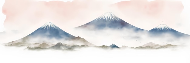 Watercolor drawing of mountains volcanic mountains of Kamchatka and Japan ai generation panoramic