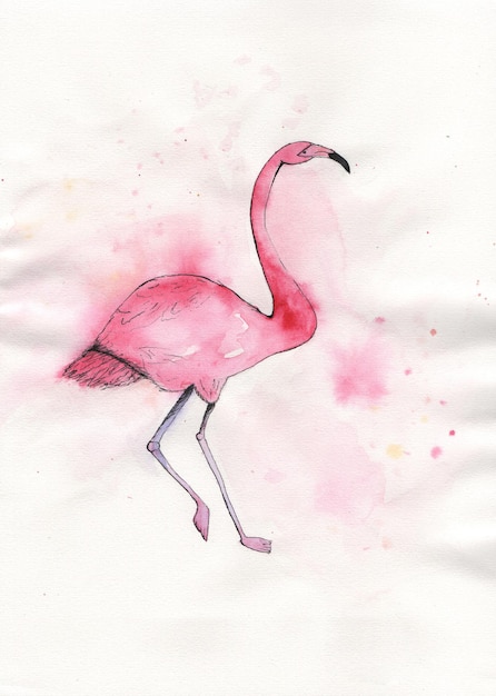 Watercolor drawing in the naive style pink flamingo stands on one leg