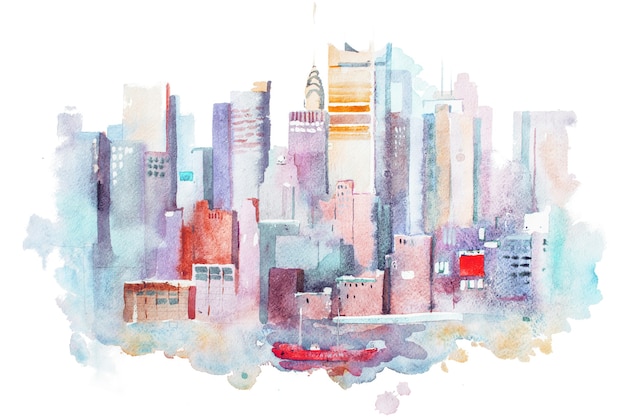 Watercolor drawing of New York cityscape, USA. Manhattan aquarelle painting.