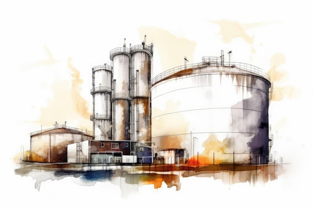 Watercolor drawing paint of industry zone refinery isolated on white background with Generative AI