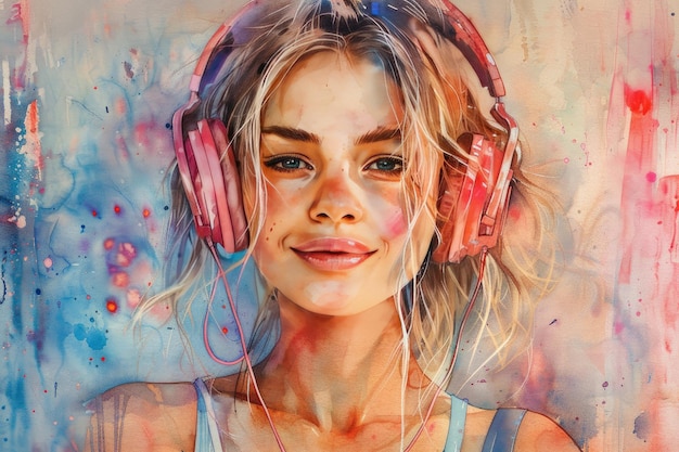 Watercolor drawing of a pretty girl in pink headphones on an abstract background