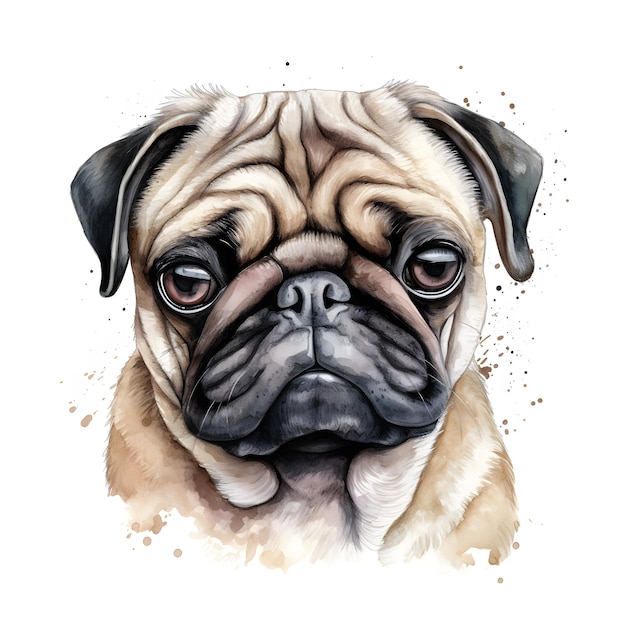 A watercolor drawing of a pug dog with a sad expression.