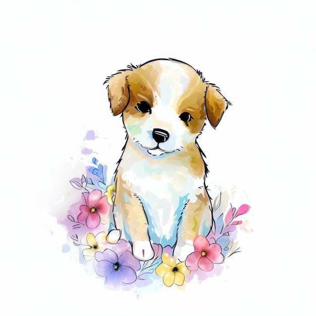 A watercolor drawing of a puppy sitting in flowers.