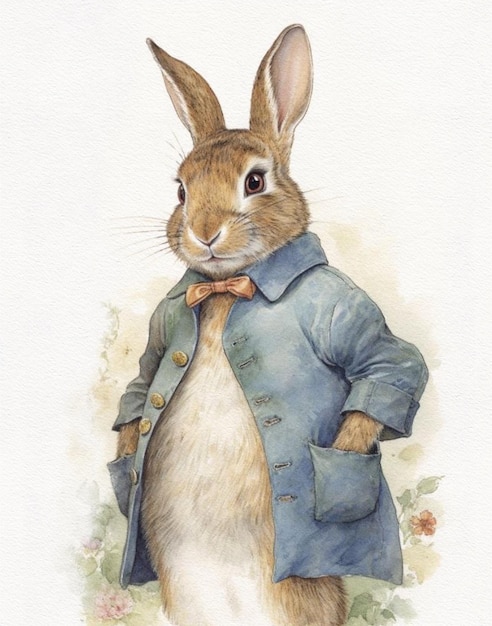 Watercolor drawing of a rabbit in a vintage jacket cartoon rabbit