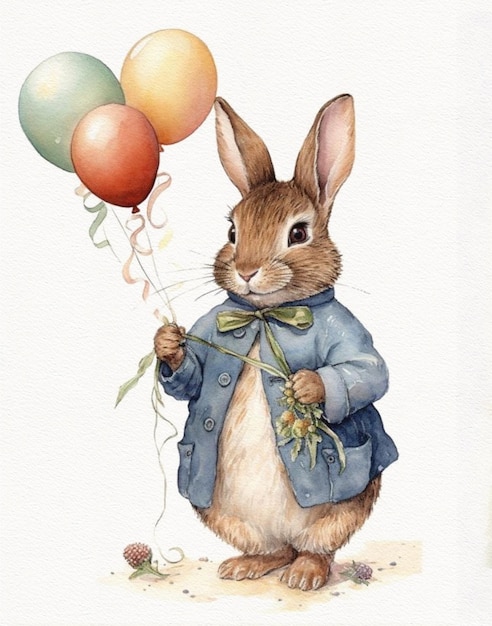 Watercolor drawing of a rabbit in a vintage jacket cartoon rabbit