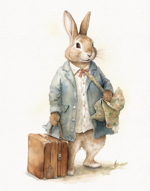 Watercolor drawing of a rabbit in a vintage jacket cartoon rabbit