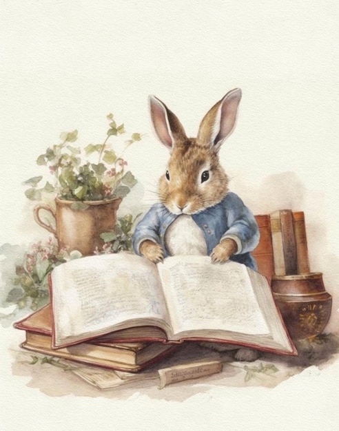 Watercolor drawing of a rabbit with a big book cartoon rabbit