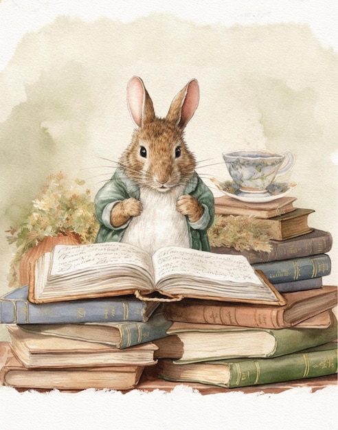 Watercolor drawing of a rabbit with a big book cartoon rabbit