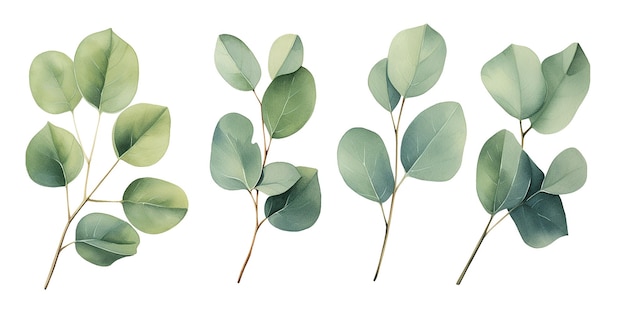 watercolor drawing set of eucalyptus leaves delicate illustration