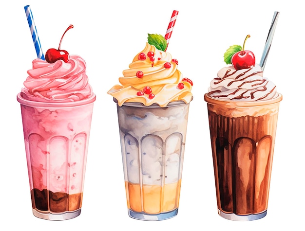 watercolor drawing set of milkshakes with whipped cream and cherries in glass glasses vintage