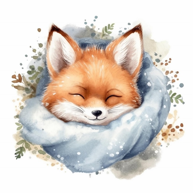 A watercolor drawing of a sleeping fox