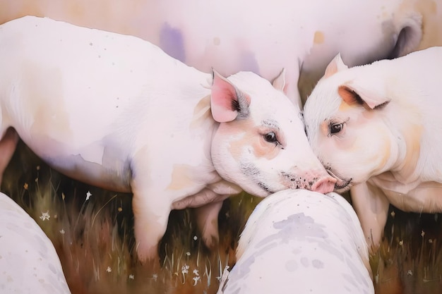 Watercolor drawing of small pigs on a pasture farm Generative AI