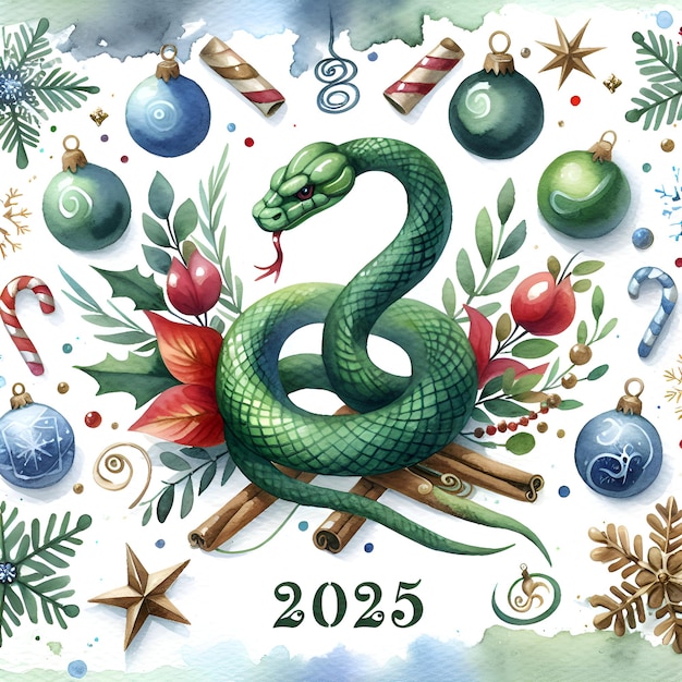 watercolor drawing of a snake of the Chinese symbol of the new year 2025 New Years background