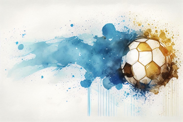 Watercolor drawing of a soccer ball on paper with blue and gold paints Generative AI