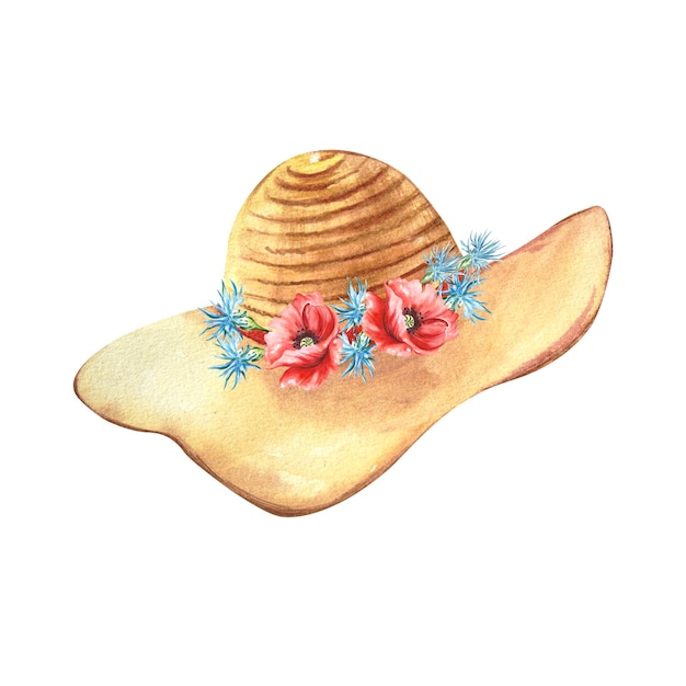 A watercolor drawing of a straw hat with flowers