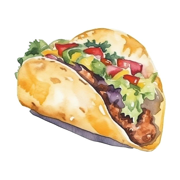 A watercolor drawing of a taco with lettuce, tomato, and lettuce.